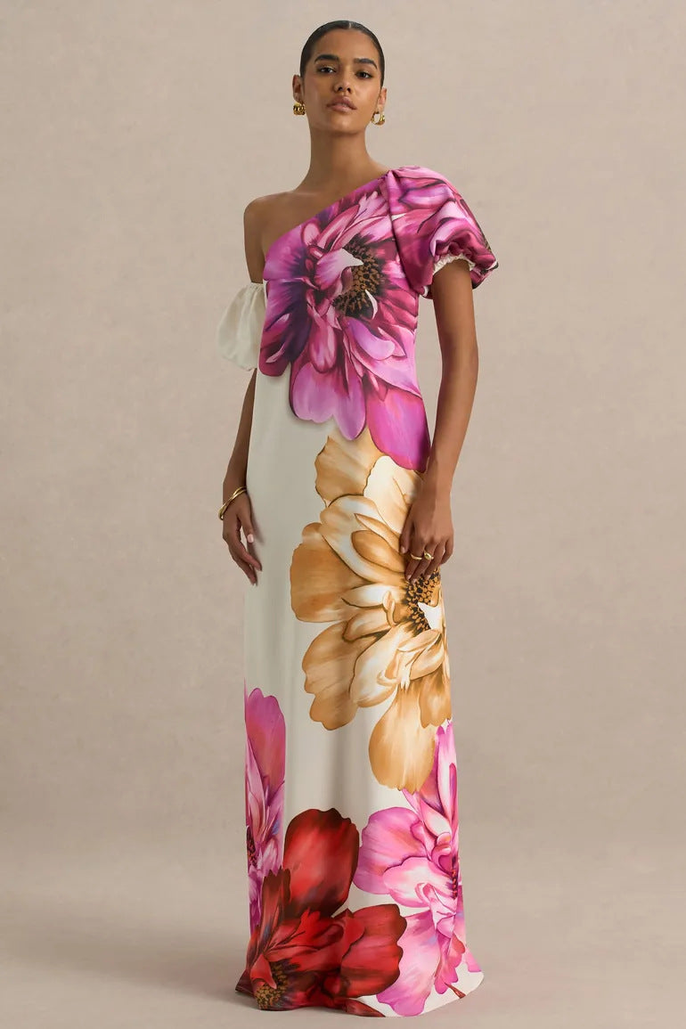 european and american spring/summer new arrival one-shoulder placement print dress - ins casual vacation loose dress
