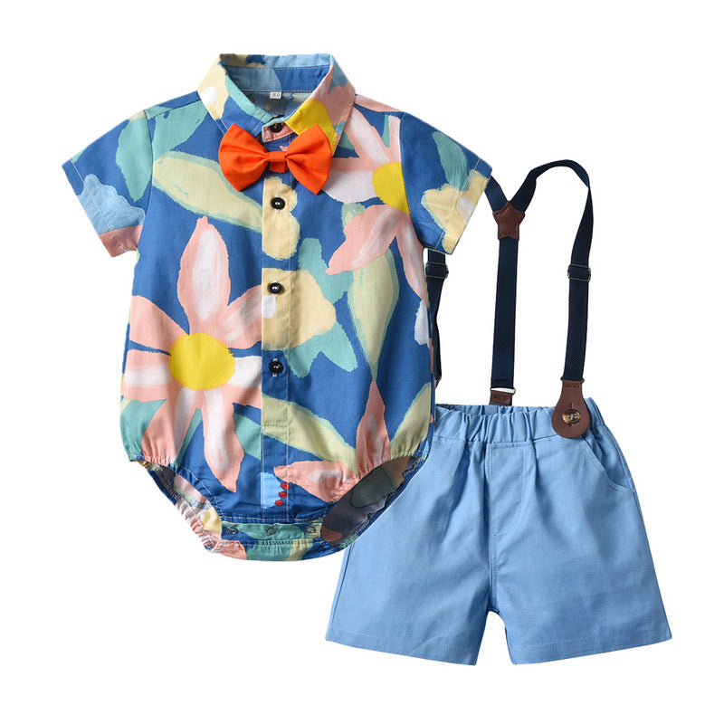 Brother and sister wear export spring and summer new arrival children's clothing boys short-sleeved shorts suspender suit girls floral skirt wholesale