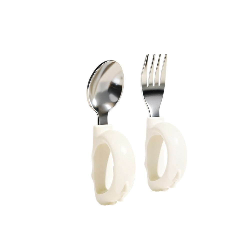 Newborn baby silicone handle spoon & 316 stainless steel short handle fork set - baby feeding utensil set