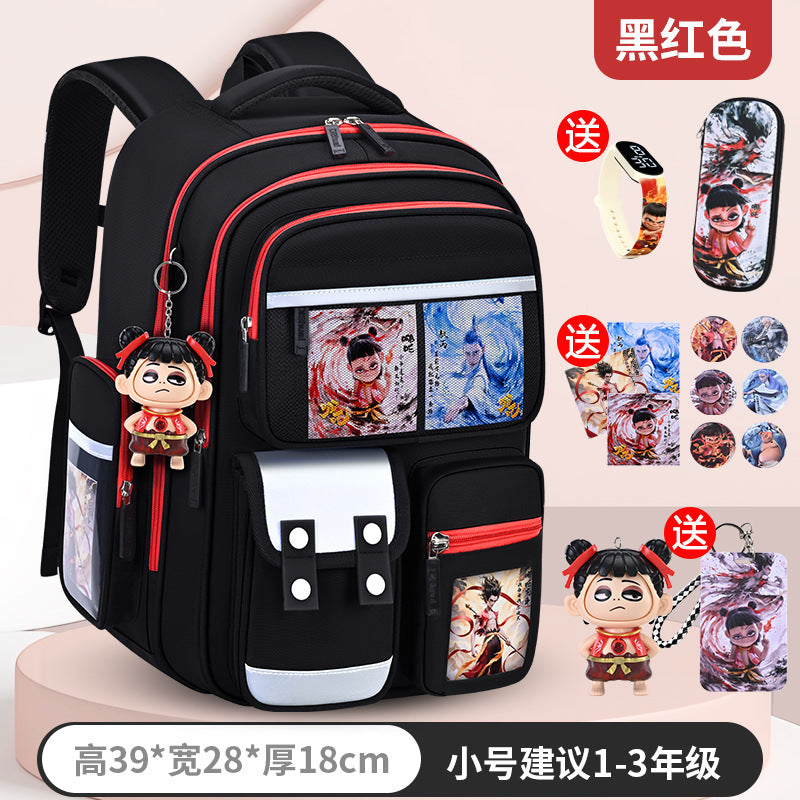 New nezha backpack for boys and girls, grades 1-6: spine protection, lightweight design, and extra-large capacity