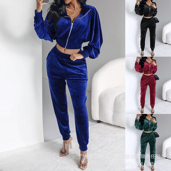 YWMT1001 Women's lapel zipper decorative velvet sweater casual sweatpants set 2-piece set