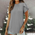 cross-border women's solid color button-down crew neck short sleeve ruched top
