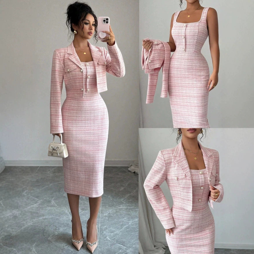European and american autumn new arrivalfrenchretro tweed style lapel long sleevesoutwearelegant vest skirt two pieces