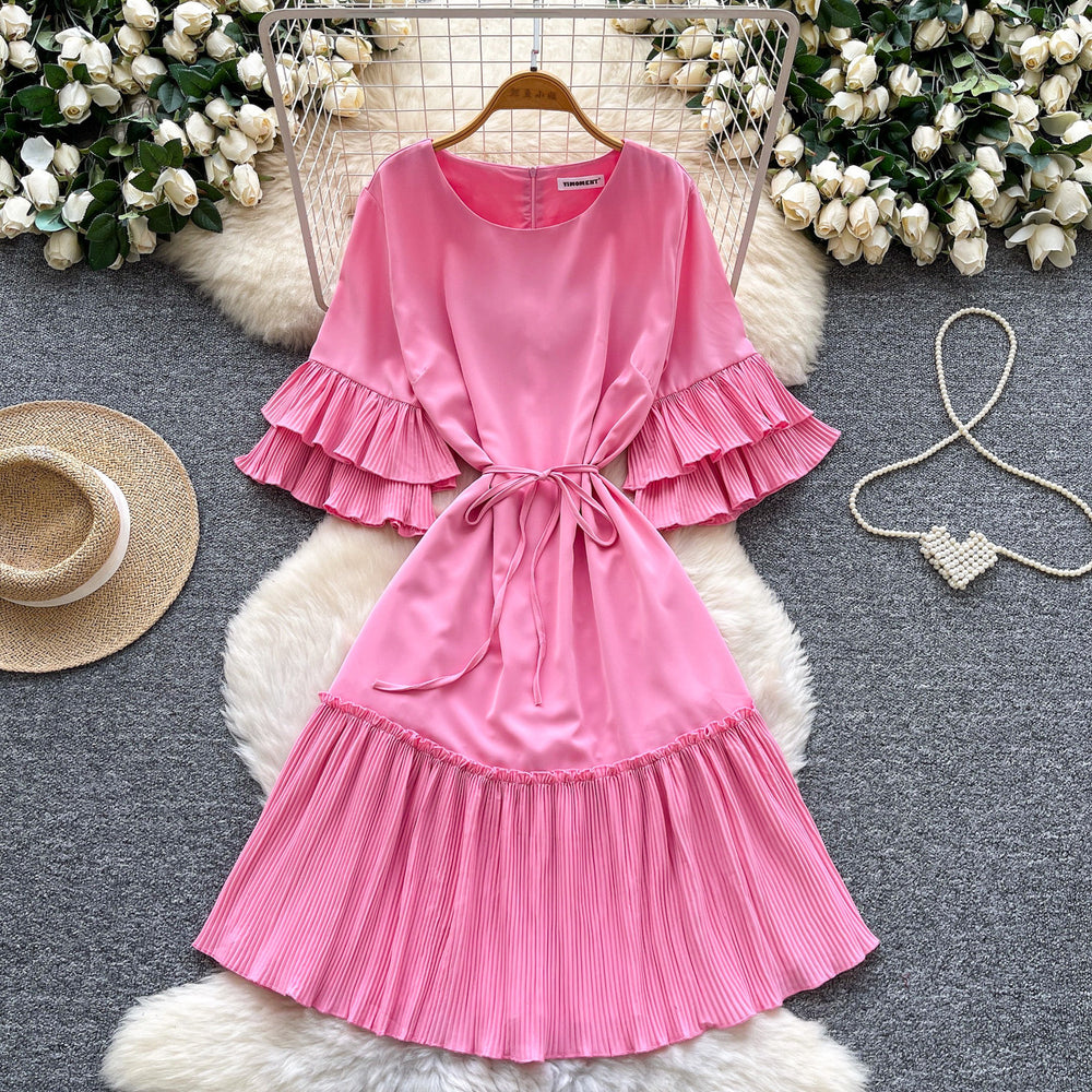 K-style lantern sleeve pleated short-sleeved dress women's spring strap waist pleated a-line skirt slimming lookwork clothing skirt