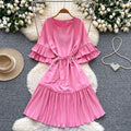 K-style lantern sleeve pleated short-sleeved dress women's spring strap waist pleated a-line skirt slimming lookwork clothing skirt