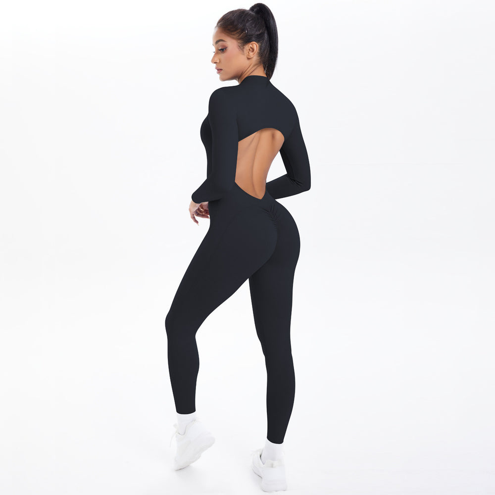 Half-zip, back-smoothing, butt-lifting yoga bodysuit. long, one-piece design for outdoor leisure, running, and fitness activities. women's activewear
