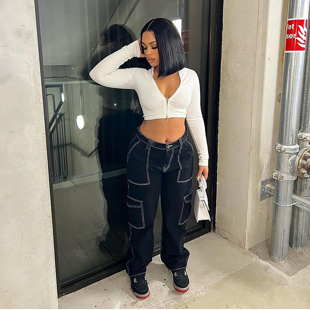 European and american cross-border women's jeans -  wholesale women's clothing - street style high-waisted topstitched straight-leg casual trousers