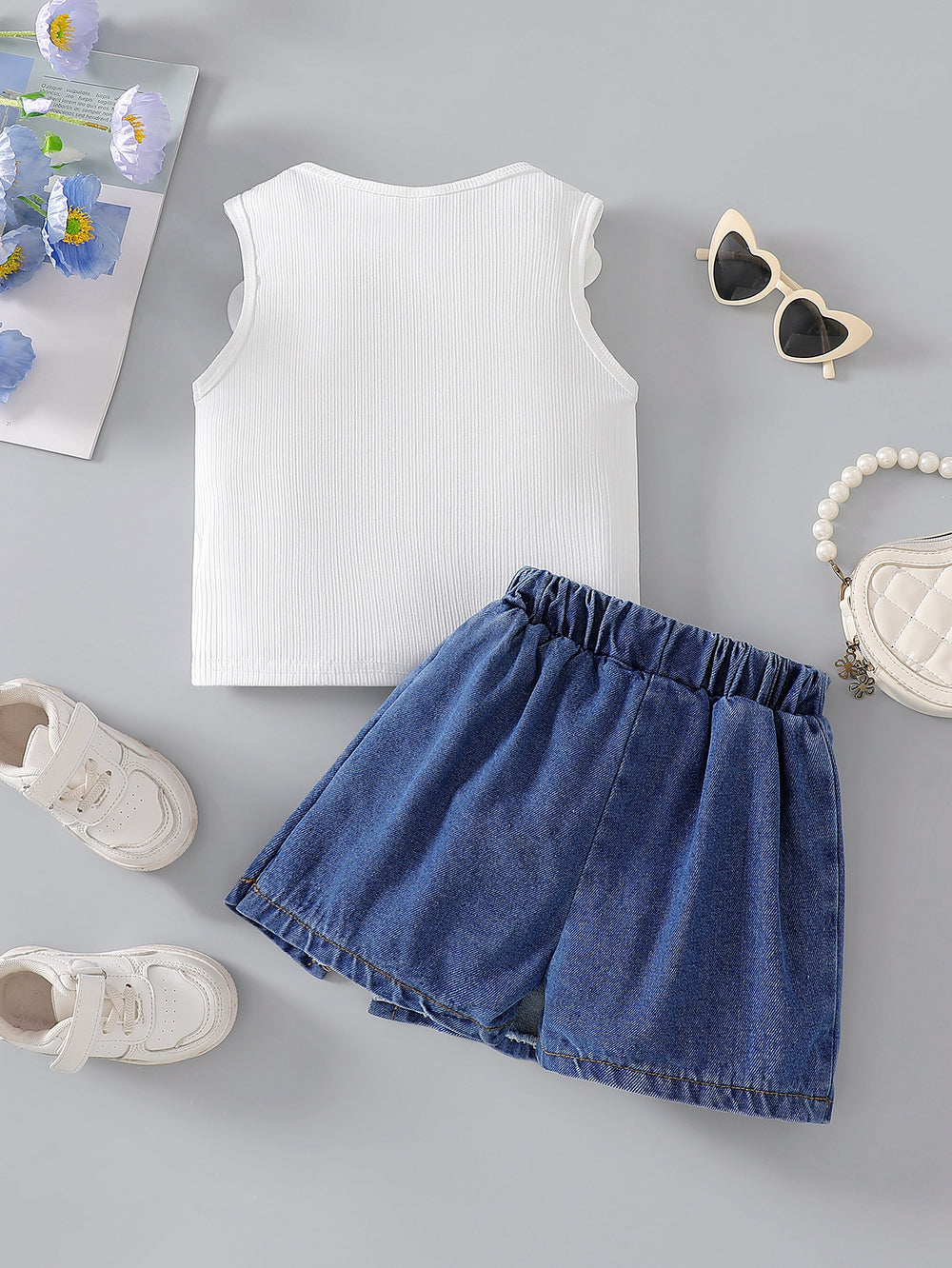 cross-border girls' fashion set: european & american style floral top + irregular bowknot beaded denim jeans