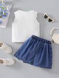 cross-border girls' fashion set: european & american style floral top + irregular bowknot beaded denim jeans