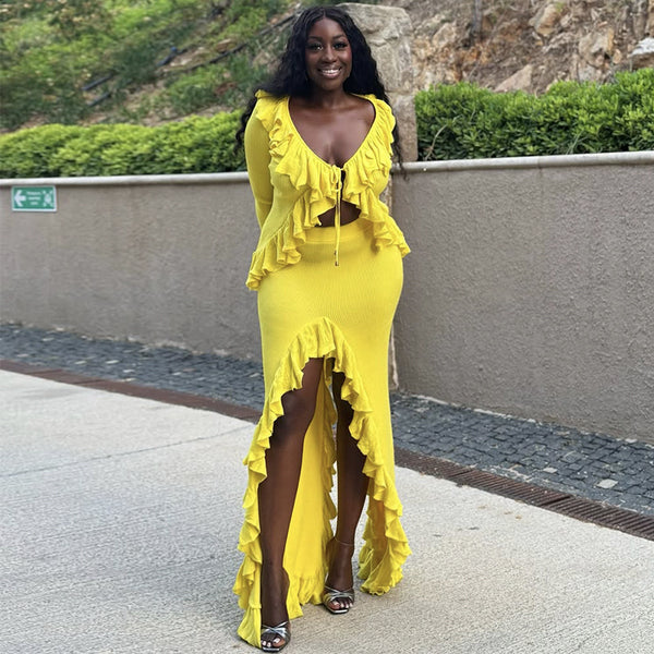 European and American  women's clothing 2025 summer new fashion V-neck ruffle edge solid color top split hip skirt set