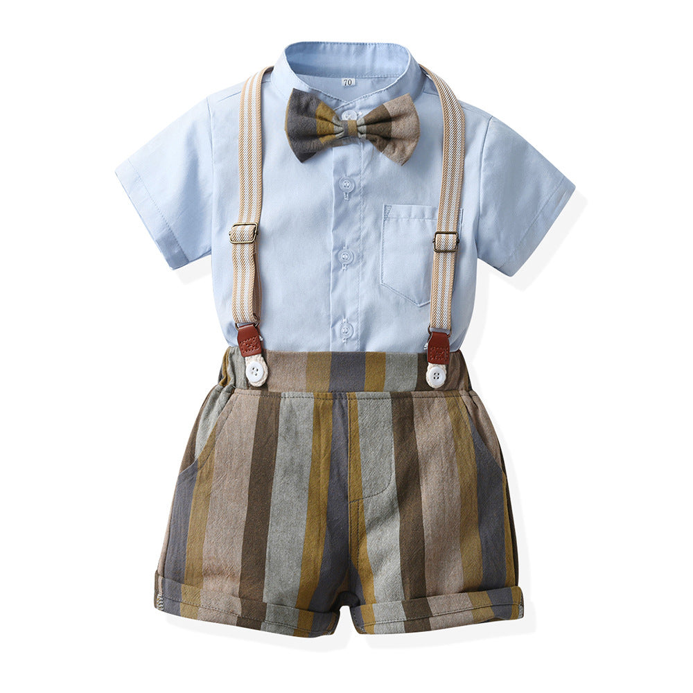 K-stylesummersuit boysfashionable shirt short-sleeved stripes pants suspenders kids summer clothing thin handsome trendy children's clothing