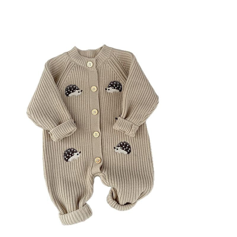 Baby fall and winter clothing one-piece clothes baby boy cartoon hedgehog knitting khaki girl thickenedsweateroutwear climbing suit