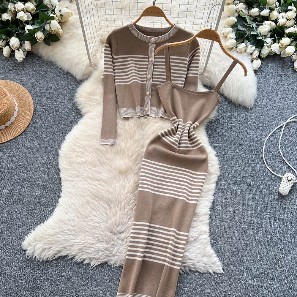 Autumn outfit set for women: high-end, fashionable color block striped knit cardigan with cinched waist cami bodycon dress