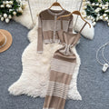Autumn outfit set for women: high-end, fashionable color block striped knit cardigan with cinched waist cami bodycon dress