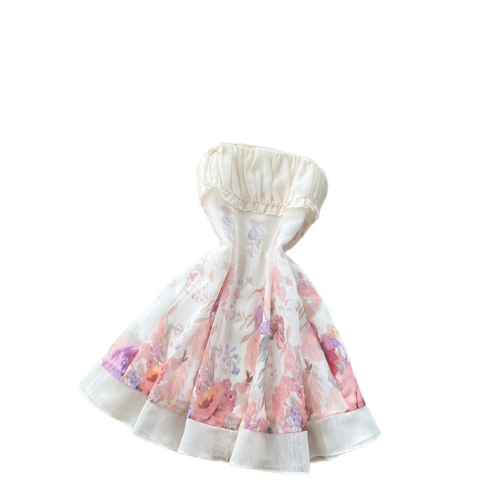 French vacation style sleeveless suspender floral dress female summer k-style high waistslimming look gentle sweetelegant short skirt