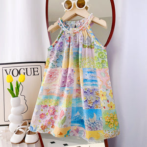 Kids' sundress: summer korean style oil painting halter tank dress - trendy southeast asian vacation dress