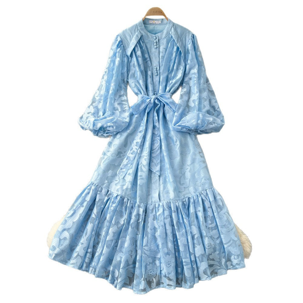 French court style dress - women's autumn collection  - new high-end design with tie waist, lantern sleeves, and lace maxi skirt