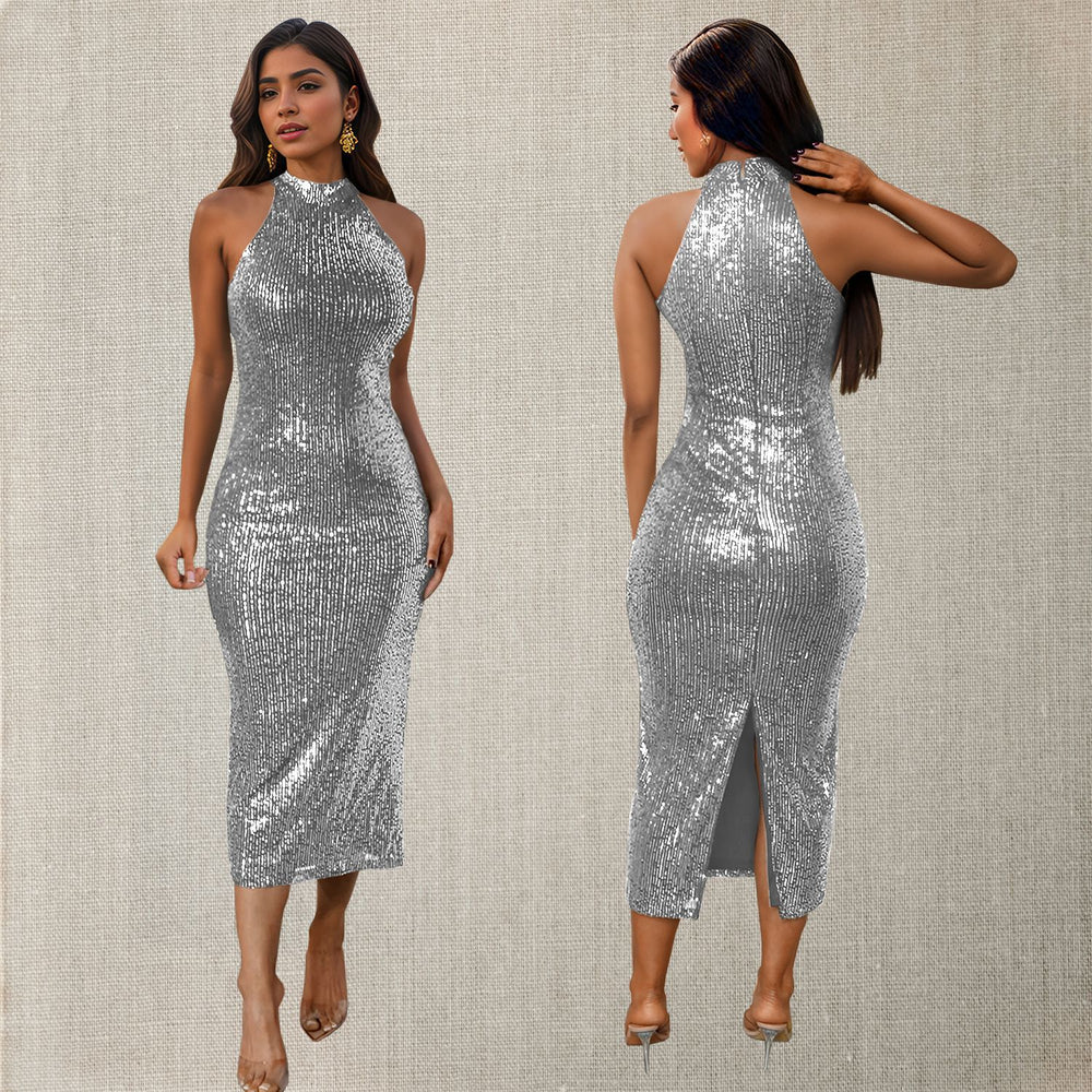 C7195 cross-border   fashion women's halter sequin bodycon sexy slim-fit dress