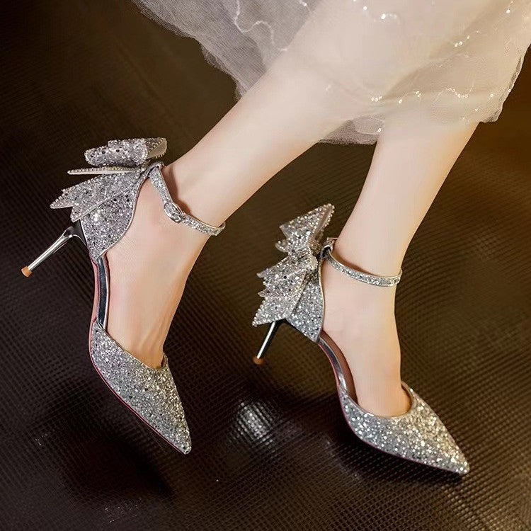 2025 spring/autumn new crystal rhinestone silver bow high heels women's stiletto high heels premium bridesmaid french wedding shoes