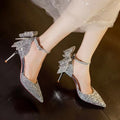 2025 spring/autumn new crystal rhinestone silver bow high heels women's stiletto high heels premium bridesmaid french wedding shoes