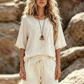 European and american style plus size off-white casual short sleeve top - round neck short sleeve patchwork loose pullover