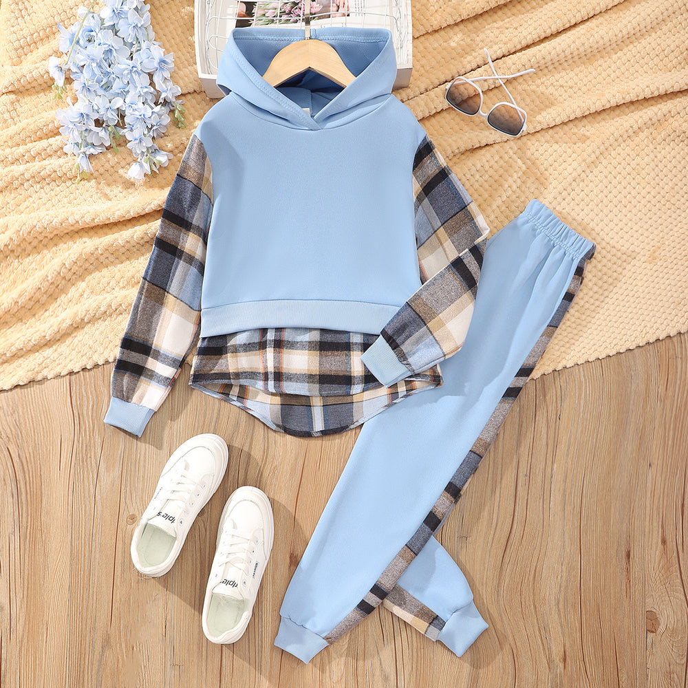 Children's long-sleeved plaid hooded suit
