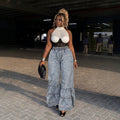 Fashionjeans women's elastic waist washed distressed rufflespatchworkloose pants export hot girl denim pants