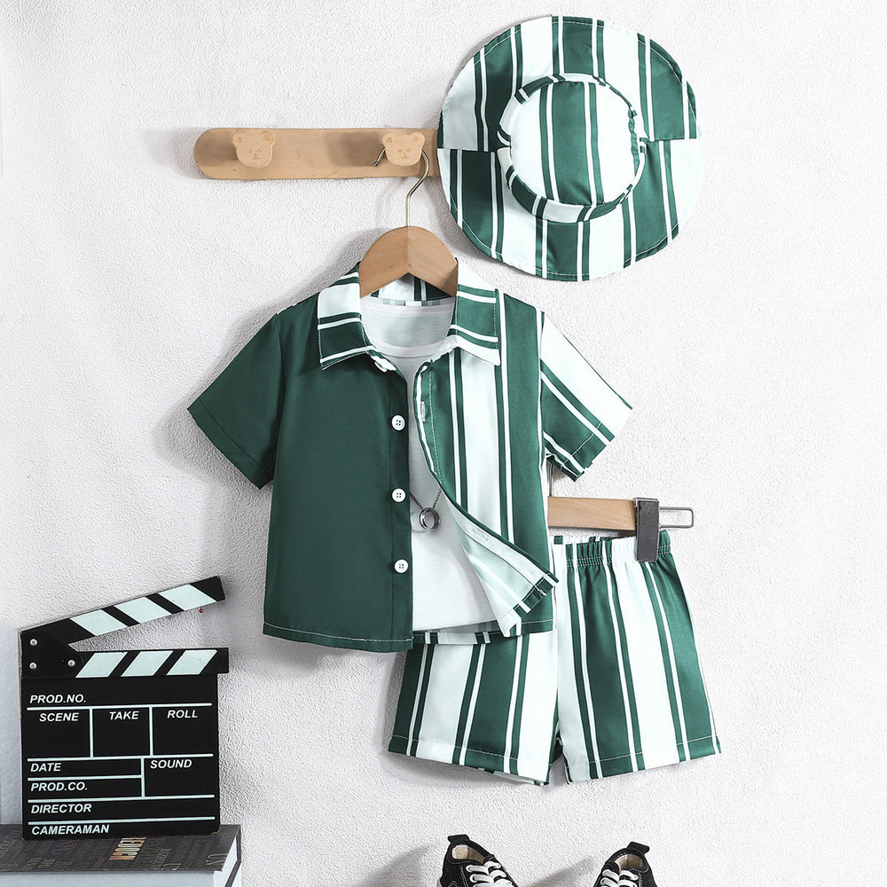 New summer collection: baby & toddler boy's striped color block top + shorts + hat three-piece set - european & american style, cross-border kids' outfit