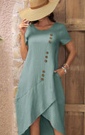 european and american cross-border  independent station new round neck button solid color short sleeve irregular dress