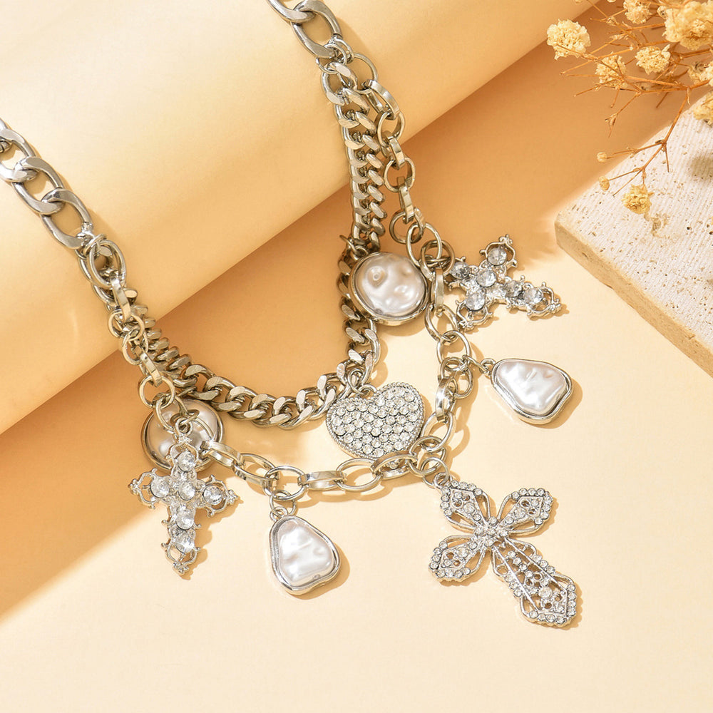 Stacked love cross necklace wholesale european and american cross-border cold style multi-layer exaggerated imitation pearl pendant clavicle chain