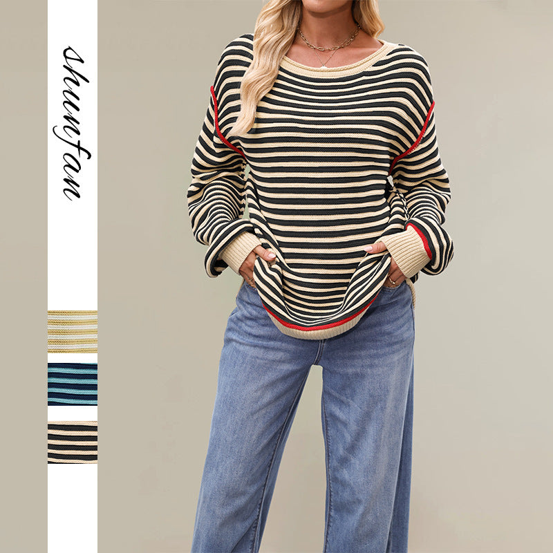 Cross-border new hot-selling autumn and winter sweaters, European and American women's clothing 2025 popular striped tops, round neck pullover, loose long sleeves