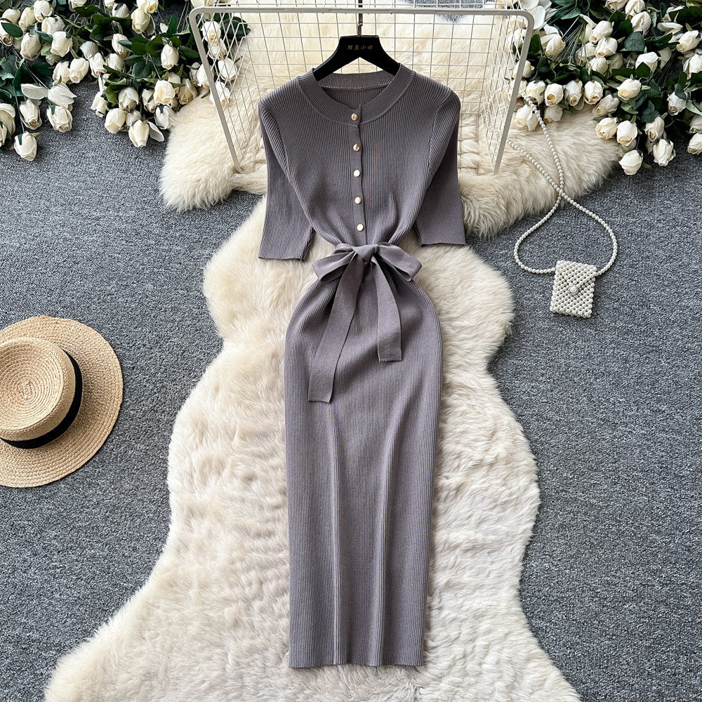 Korean style commute-ready knit dress - women's summer short sleeve single-breasted tie-waist slimming midi dress