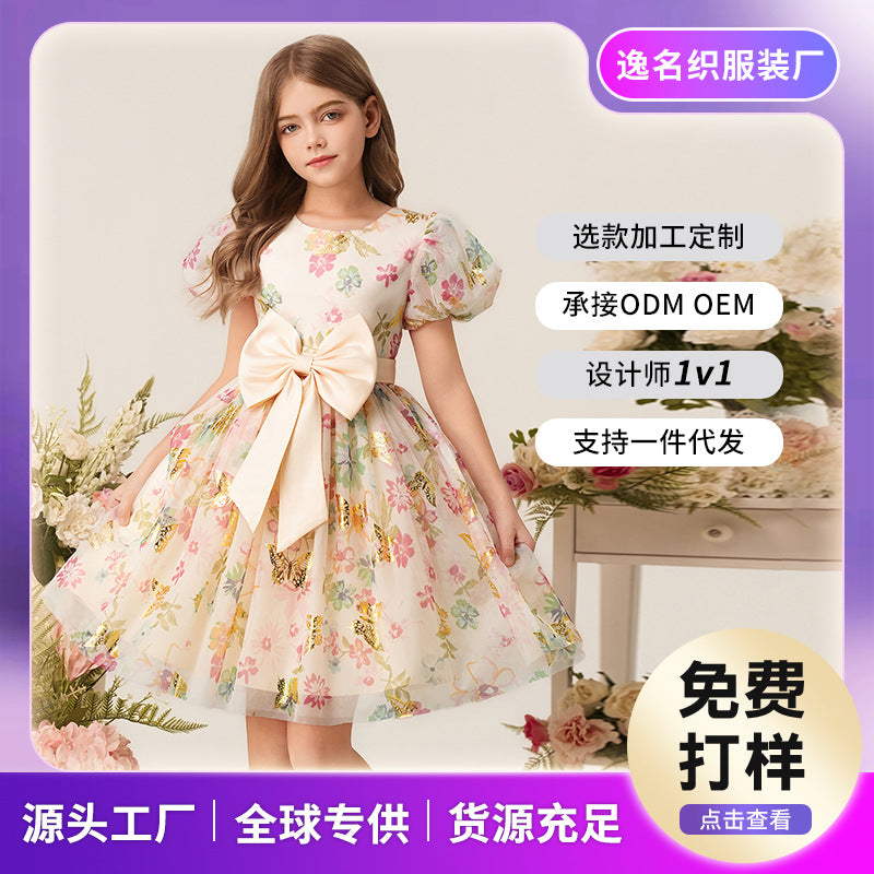 Wholesale girls' printed floral princess dress - holiday style, bubble sleeves, summer dress for little girls