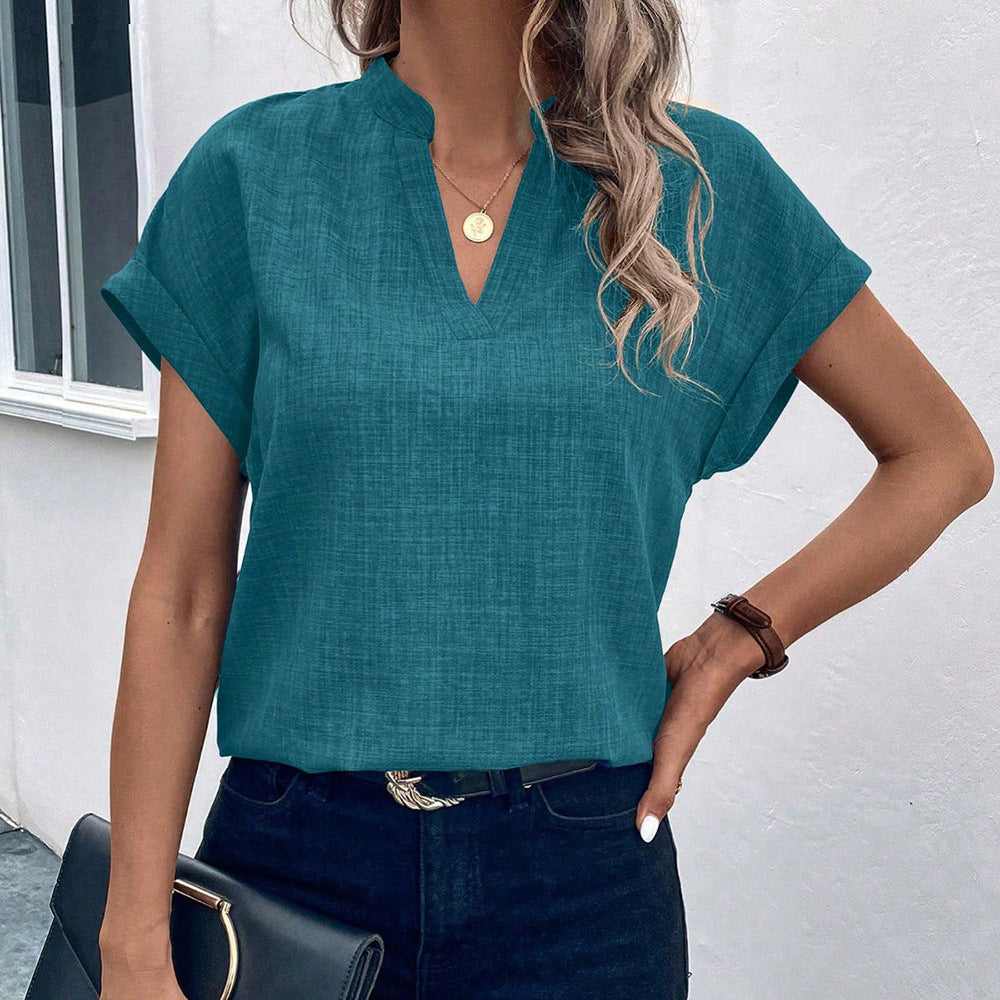 European and american cross-border women's fashion:  summer new arrivals - minimalist chic v-neck short-sleeve linen blouse/shirt for women