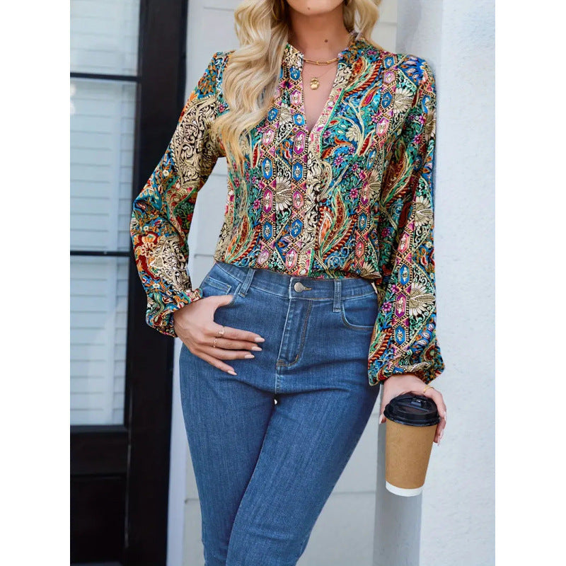 Shipped: hot-selling cross-border  women's printed v-neck lantern sleeve blouse, long-sleeved v-neck casual shirt