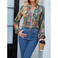 Shipped: hot-selling cross-border  women's printed v-neck lantern sleeve blouse, long-sleeved v-neck casual shirt