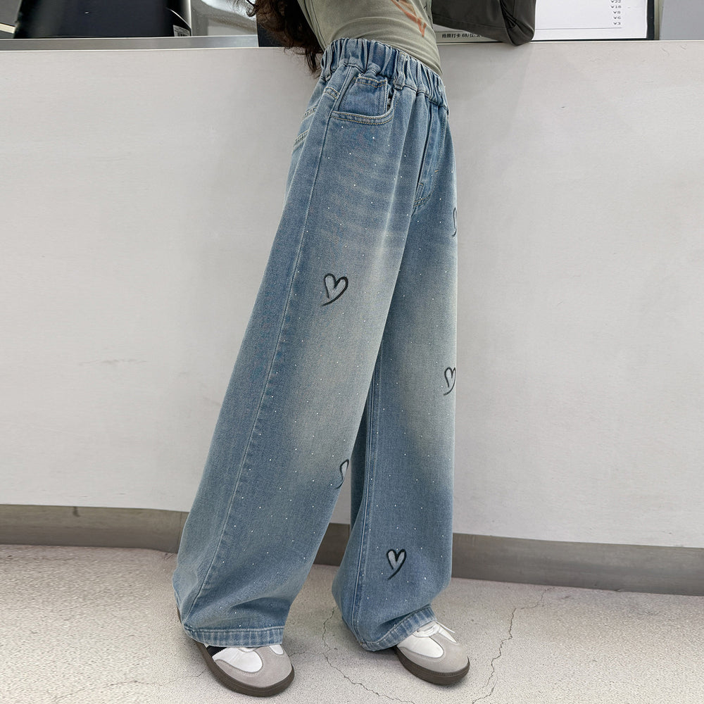 Girls' heart-shaped rhinestone embellished denim jeans,  spring collection, big & tall kids' loose fit straight leg high-waisted long pants, children's jeans