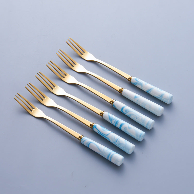 Nordic stainless steel fruit fork spoon ceramic storage jar set marble fruit fork household cutlery spoon dropshipping