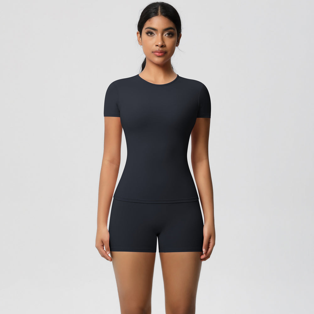 European and american nude feel tight-fitting short-sleeve t-shirt yoga outfit high-waisted butt-lifting quick-dry shorts running sports fitness set for women
