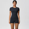 European and american nude feel tight-fitting short-sleeve t-shirt yoga outfit high-waisted butt-lifting quick-dry shorts running sports fitness set for women