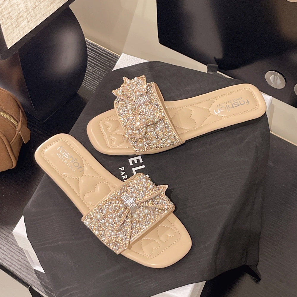 Export  summer new korean style pearl rhinestone flat sandals women's outdoor wear one-strap slippers plus size sandals