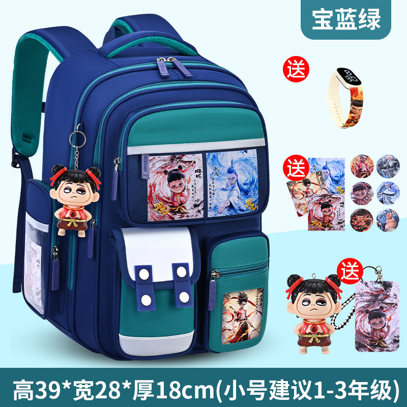 New nezha backpack for boys and girls, grades 1-6: spine protection, lightweight design, and extra-large capacity