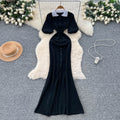 Classy sense of nichefashionablecontrast colorpolo collar puff sleeve dress female summerfrench waist knitting long skirt