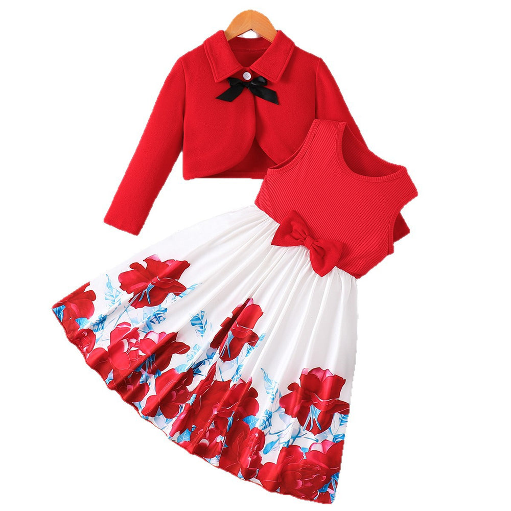 Girls' foreign trade dress set: red lapel jacket, vest dress, printed bowknot two-piece outfit for children