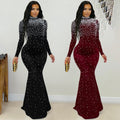 C7622 cross-border   fashion women's elegant high-neck rhinestone and beaded bodycon dress