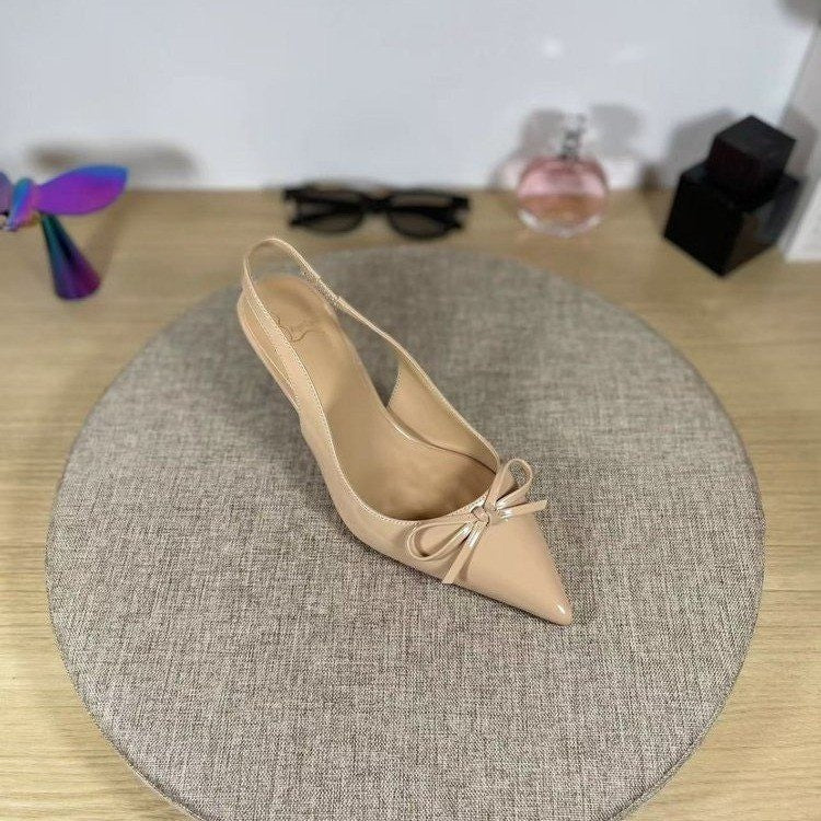Bow-tie patent leather toe sandals for women, stunning and elegant french-style single shoes, stiletto heels, pointed toe, low-cut nude high heels