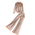 European and american style women's autumn outfit: chic, loose-fit, casual letter embroidered long-sleeve knit top with high-waisted wide-leg pants