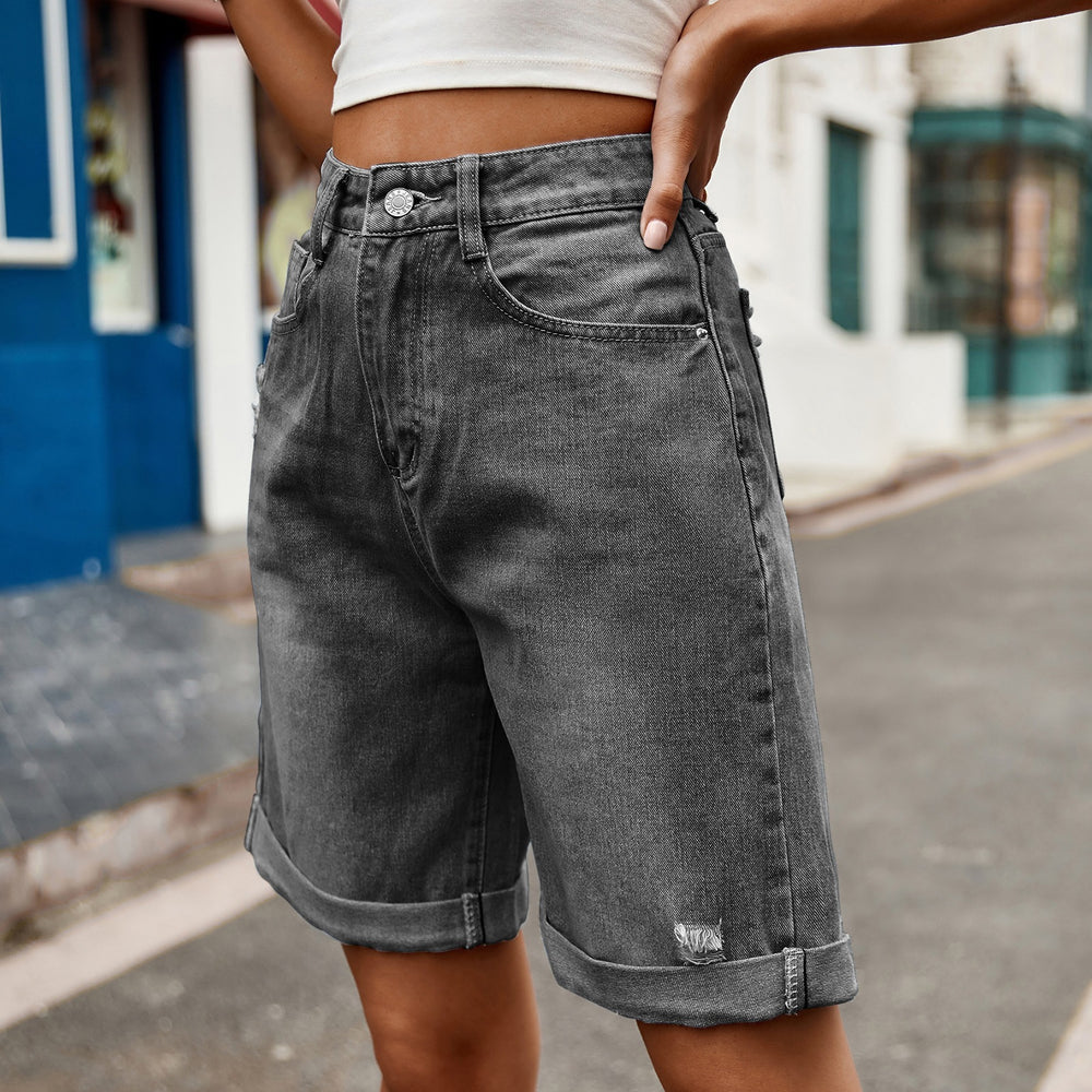 European and american clothing cross-border trade independent station  new arrival ripped and curled half length denim shorts casual pants trendy