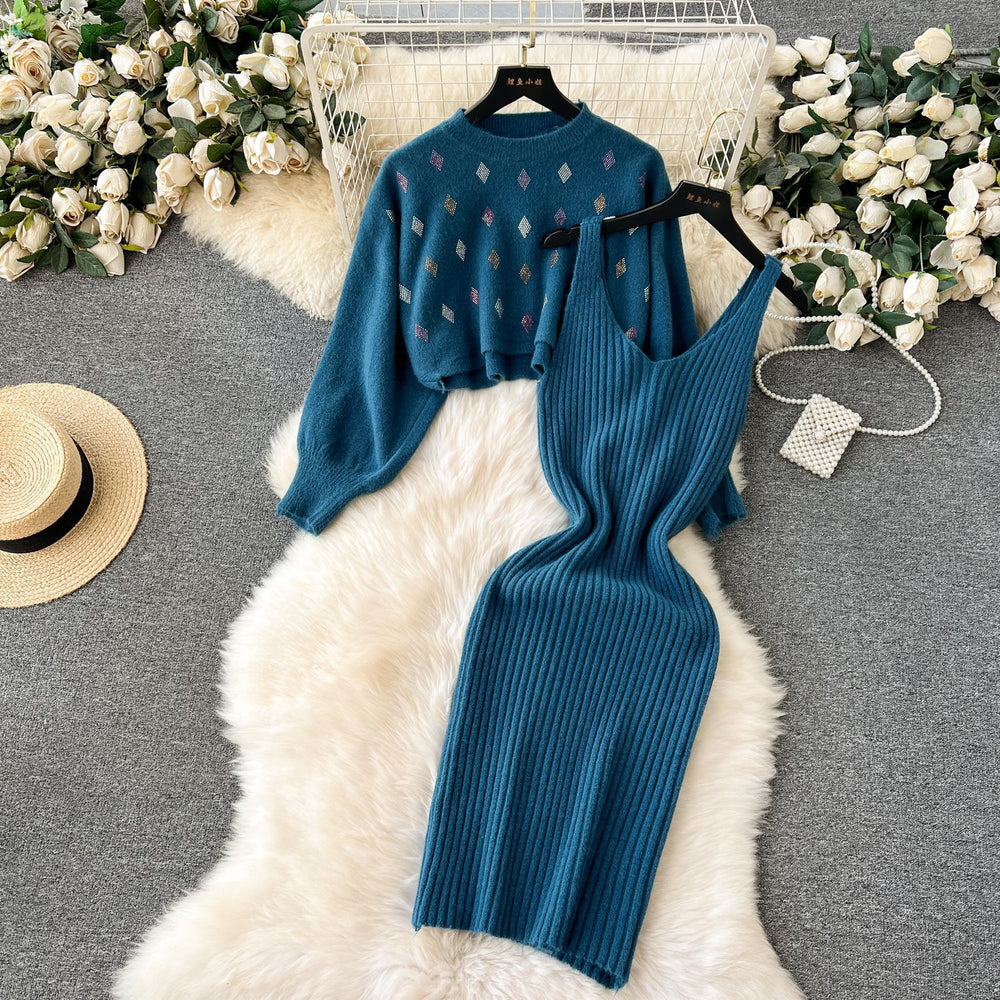 Women's winter sweater set: short sleeve cardigan & versatile cami dress two-piece outfit