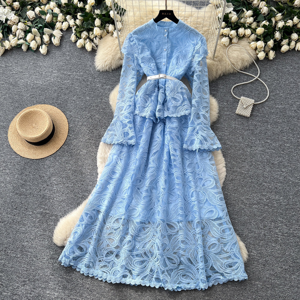 Light mature style classyelegancelacelong sleevesdressfemalefrenchheavy industry crochet waist silmlong skirt dress